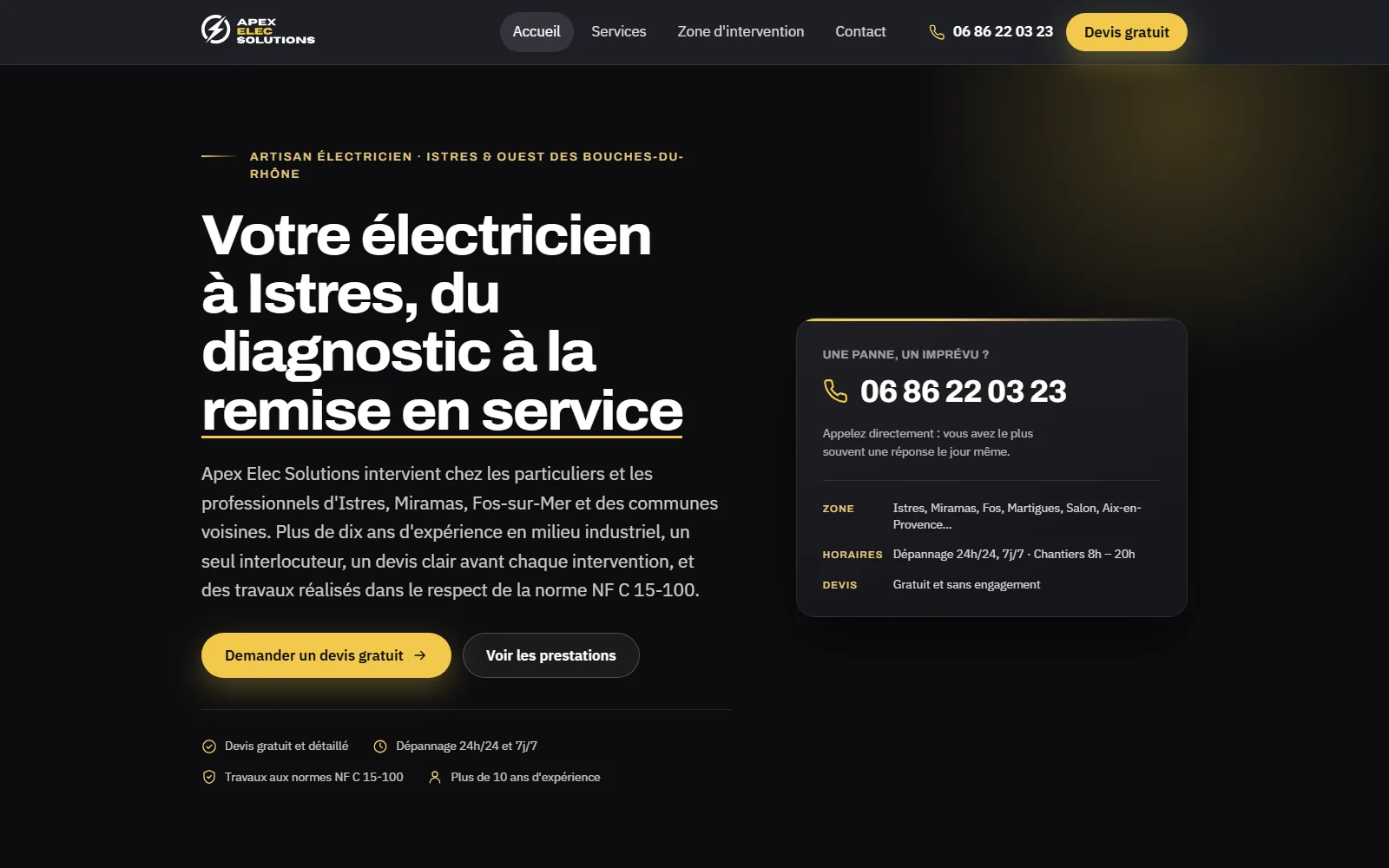 Page d'accueil du site Apex Elec Solutions : titre « Votre électricien à Istres, du diagnostic à la remise en service », numéro de téléphone et bouton de demande de devis.